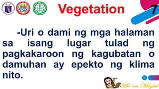 5
7
-Uri o dami ng mga halaman
sa isang lugar tulad ng
pagkakaroon ng kagubatan o
damuhan ay epekto ng klima
nito.
Vegetation
 