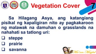 7
7Vegetation Cover
Sa Hilagang Asya, ang katangiang
pisikal ng kapaligiran nito ay pagkakaroon
ng malawak na damuhan o grasslands na
nahahati sa tatlong uri:
 steppe
 prairie
 savanna
 