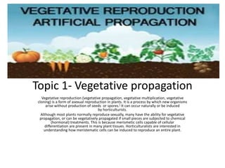 Topic 1- Vegetative propagation
Vegetative reproduction (vegetative propagation, vegetative multiplication, vegetative
cloning) is a form of asexual reproduction in plants. It is a process by which new organisms
arise without production of seeds or spores.[ It can occur naturally or be induced
by horticulturists.
Although most plants normally reproduce sexually, many have the ability for vegetative
propagation, or can be vegetatively propagated if small pieces are subjected to chemical
(hormonal) treatments. This is because merismetic cells capable of cellular
differentiation are present in many plant tissues. Horticulturalists are interested in
understanding how meristematic cells can be induced to reproduce an entire plant.
 