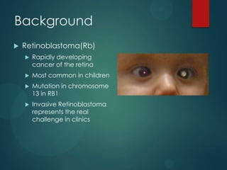 Background


Retinoblastoma(Rb)


Rapidly developing
cancer of the retina



Most common in children



Mutation in chromosome
13 in RB1



Invasive Retinoblastoma
represents the real
challenge in clinics

 