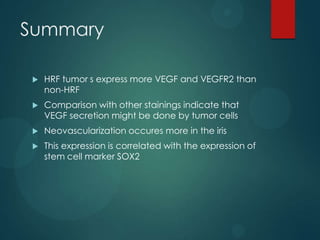 Summary


HRF tumor s express more VEGF and VEGFR2 than
non-HRF



Comparison with other stainings indicate that
VEGF secretion might be done by tumor cells



Neovascularization occures more in the iris



This expression is correlated with the expression of
stem cell marker SOX2

 