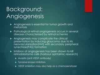 Background:
Angiogenesis


Angiogenesis is essential for tumor growth and
metastasis



Pathological retinal angiogenesis occurs in several
diseases characterized by retinal ischemia



Angiogenesis may complicate the clinical
presentation by inducing glaucoma due to iris
neovascularization(NVI) with secondary peripheral
synechiae(PAS) formation



Inhibion of angiogenesis has been shown to kill
retinoblastoma cells (harbour ophtalmic research)


Avastin (anti VEGF antibody)



Tyrosine kinase inhibitors



VEGF inhibition may also help as a chemosensityzer

 