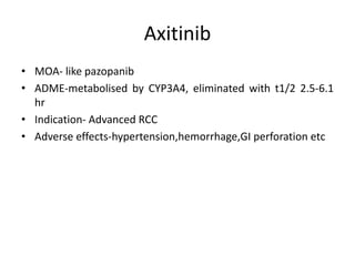 Axitinib
• MOA- like pazopanib
• ADME-metabolised by CYP3A4, eliminated with t1/2 2.5-6.1
hr
• Indication- Advanced RCC
• Adverse effects-hypertension,hemorrhage,GI perforation etc
 