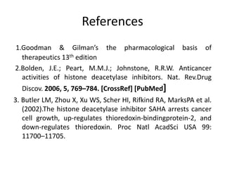 References
1.Goodman & Gilman’s the pharmacological basis of
therapeutics 13th edition
2.Bolden, J.E.; Peart, M.M.J.; Johnstone, R.R.W. Anticancer
activities of histone deacetylase inhibitors. Nat. Rev.Drug
Discov. 2006, 5, 769–784. [CrossRef] [PubMed]
3. Butler LM, Zhou X, Xu WS, Scher HI, Rifkind RA, MarksPA et al.
(2002).The histone deacetylase inhibitor SAHA arrests cancer
cell growth, up-regulates thioredoxin-bindingprotein-2, and
down-regulates thioredoxin. Proc Natl AcadSci USA 99:
11700–11705.
 