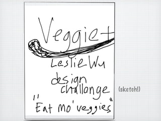 Veggie+
    A conceptual design by

           Leslie Wu




  Design Challenge
To get college athletes to eat &
 log their healthy veggie intake




                                   (sketch!)
 
