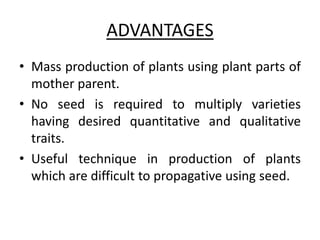 ADVANTAGES
• Mass production of plants using plant parts of
mother parent.
• No seed is required to multiply varieties
having desired quantitative and qualitative
traits.
• Useful technique in production of plants
which are difficult to propagative using seed.
 
