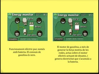 El motor de gasolina, a més de
Funcionament elèctric pur, només     generar la força motriu de les
   amb bateria. El consum de          rodes, actua sobre el motor
        gasolina és zero.             elèctric actuant de dinamo, i
                                   genera electricitat que s’acumula a
                                                la bateria.
 