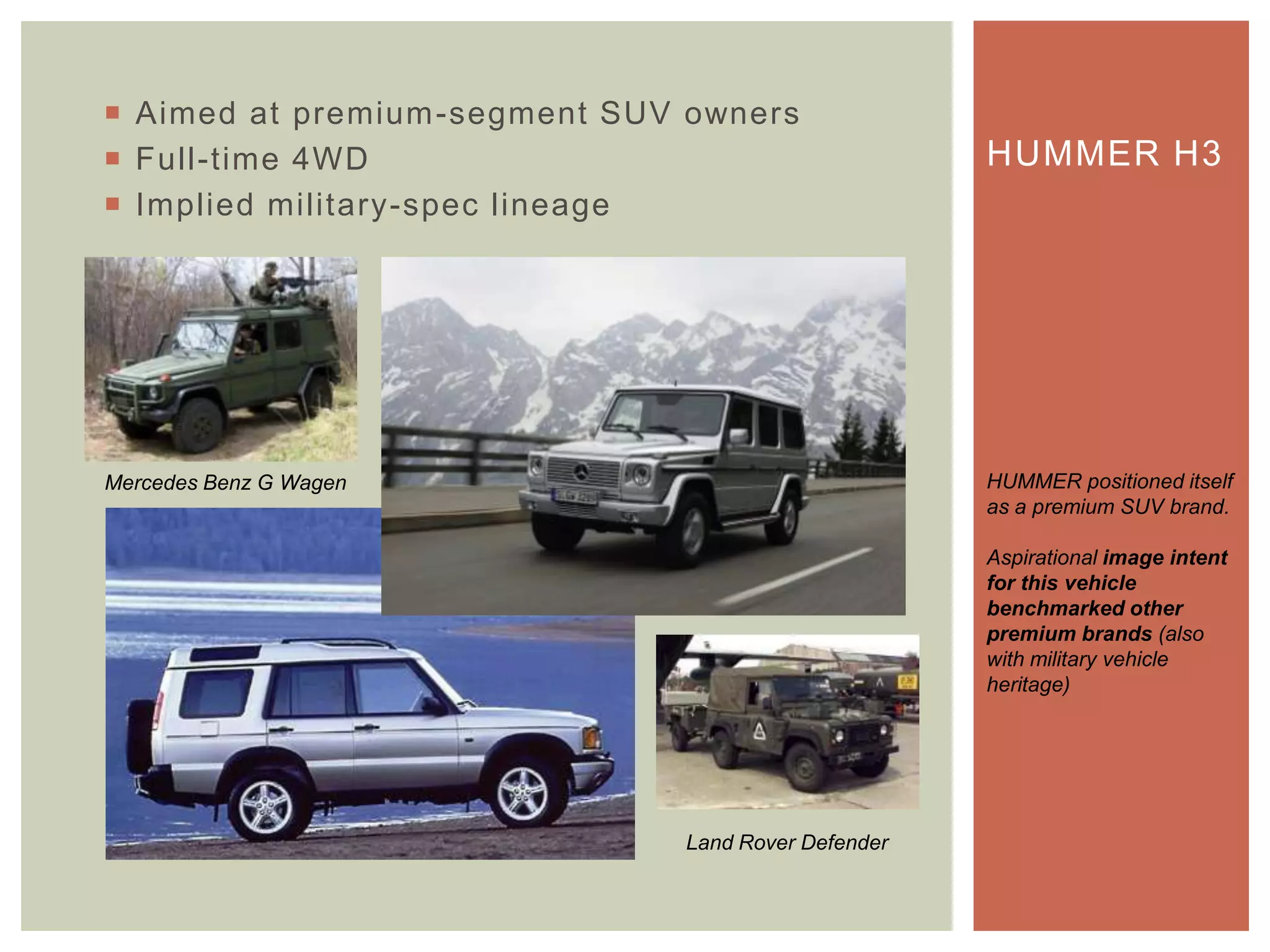  Aimed at premium-segment SUV owners
 Full-time 4WD
 Implied military-spec lineage
HUMMER H3
HUMMER positioned itself
as a premium SUV brand.
Aspirational image intent
for this vehicle
benchmarked other
premium brands (also
with military vehicle
heritage)
Mercedes Benz G Wagen
Land Rover Defender
 