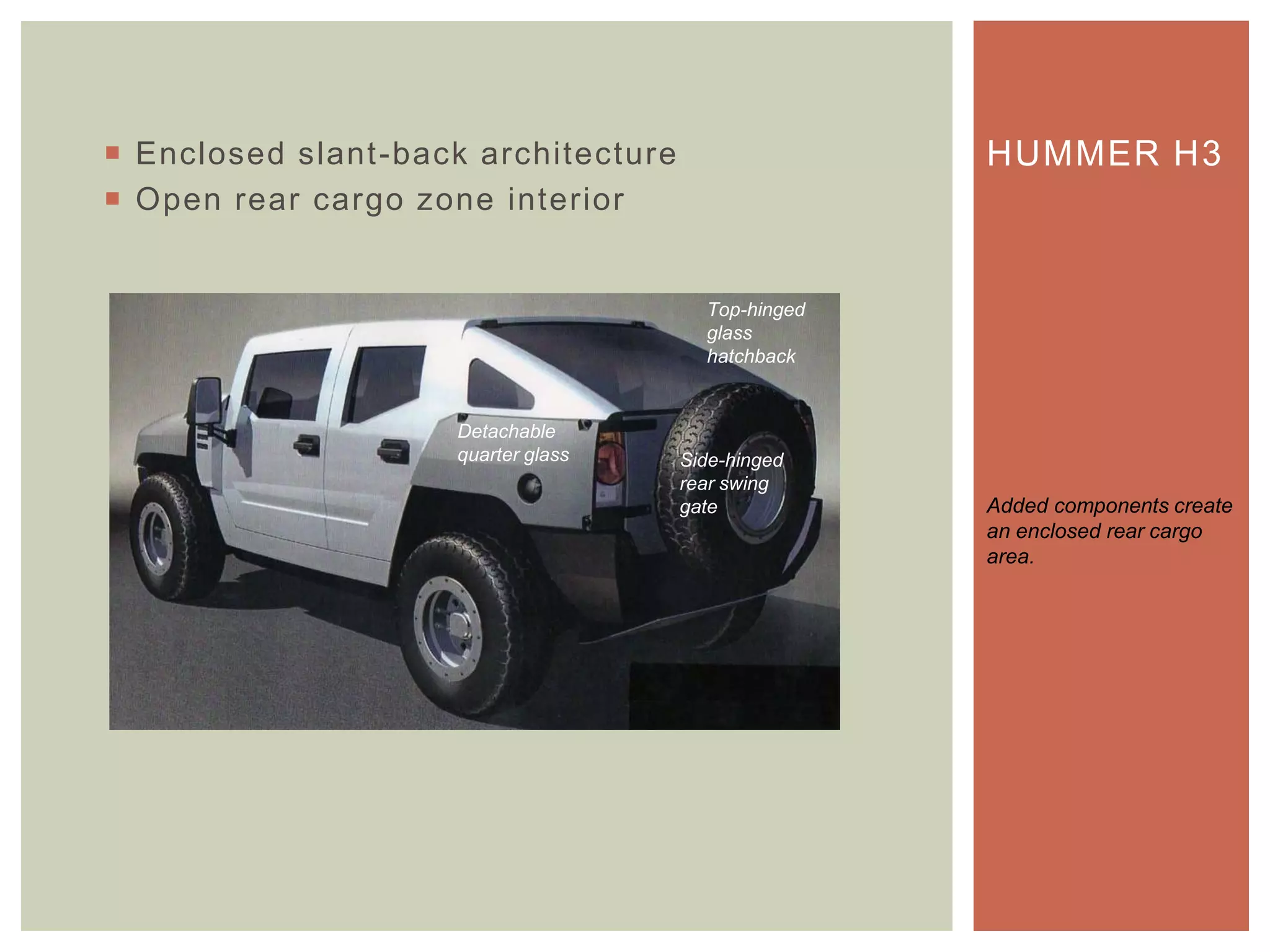  Enclosed slant-back architecture
 Open rear cargo zone interior
HUMMER H3
Added components create
an enclosed rear cargo
area.
Detachable
quarter glass
Top-hinged
glass
hatchback
Side-hinged
rear swing
gate
 