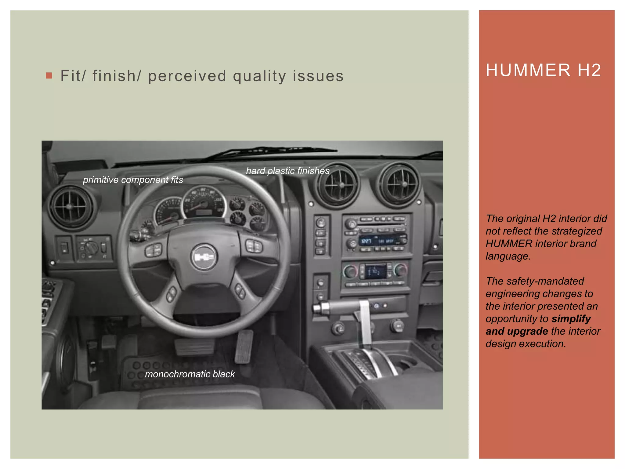  Fit/ finish/ perceived quality issues HUMMER H2
The original H2 interior did
not reflect the strategized
HUMMER interior brand
language.
The safety-mandated
engineering changes to
the interior presented an
opportunity to simplify
and upgrade the interior
design execution.
monochromatic black
hard plastic finishes
primitive component fits
 
