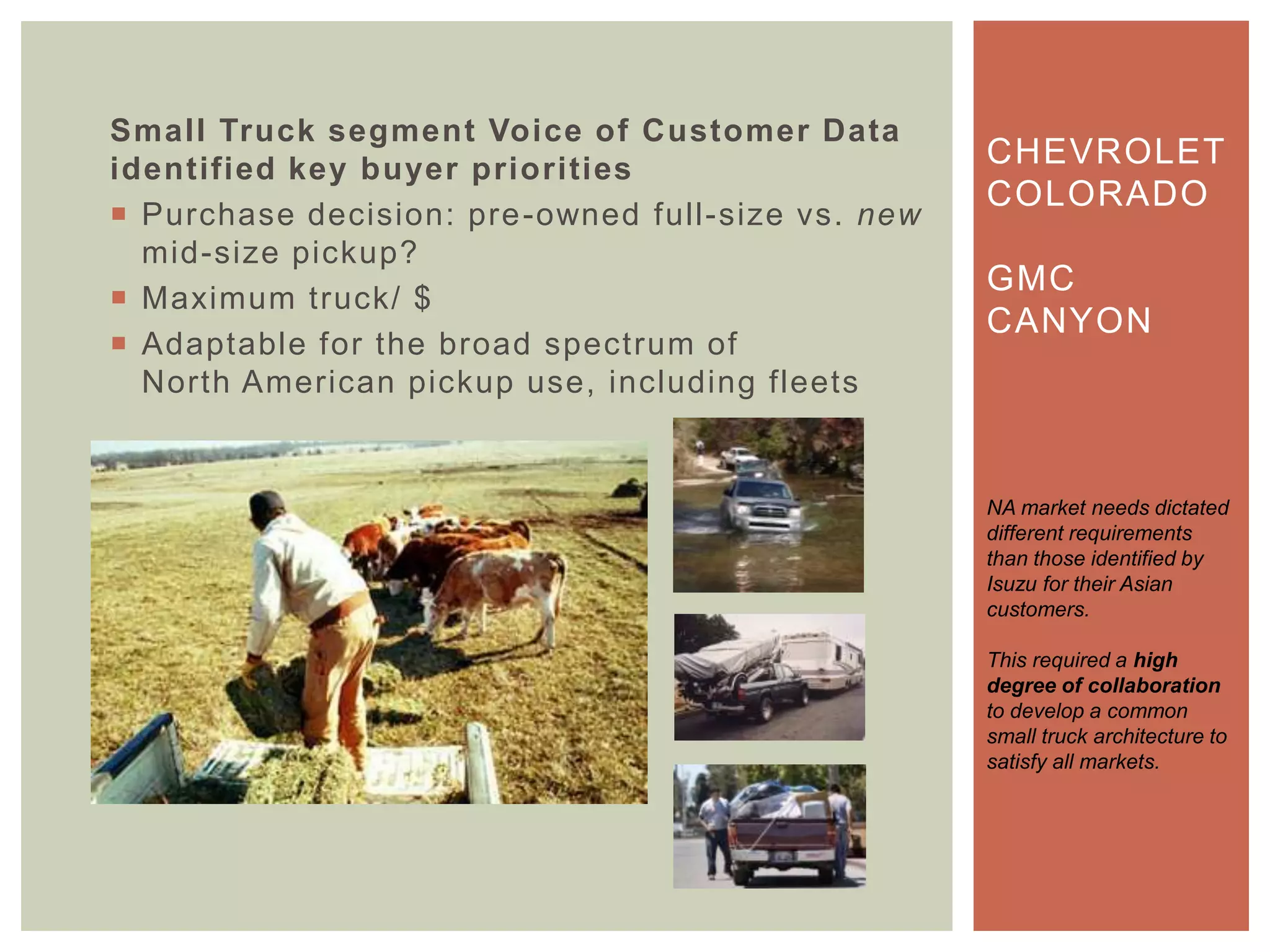 Small Truck segment Voice of Customer Data
identified key buyer priorities
 Purchase decision: pre-owned full-size vs. new
mid-size pickup?
 Maximum truck/ $
 Adaptable for the broad spectrum of
North American pickup use, including fleets
CHEVROLET
COLORADO
GMC
CANYON
NA market needs dictated
different requirements
than those identified by
Isuzu for their Asian
customers.
This required a high
degree of collaboration
to develop a common
small truck architecture to
satisfy all markets.
 