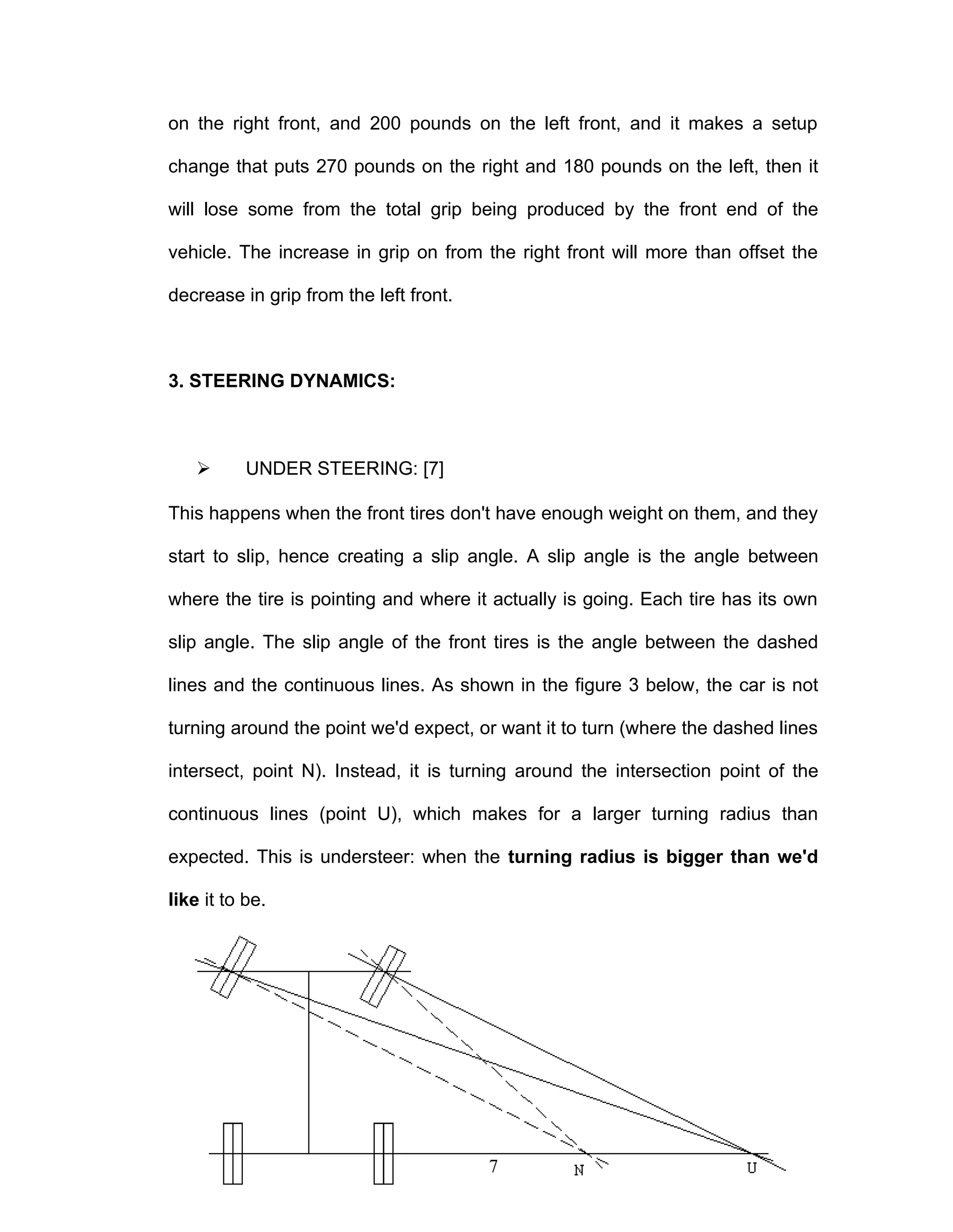 on the right front, and 200 pounds on the left front, and it makes a setup
change that puts 270 pounds on the right and 180 pounds on the left, then it
will lose some from the total grip being produced by the front end of the
vehicle. The increase in grip on from the right front will more than offset the
decrease in grip from the left front.
3. STEERING DYNAMICS:
 UNDER STEERING: [7]
This happens when the front tires don't have enough weight on them, and they
start to slip, hence creating a slip angle. A slip angle is the angle between
where the tire is pointing and where it actually is going. Each tire has its own
slip angle. The slip angle of the front tires is the angle between the dashed
lines and the continuous lines. As shown in the figure 3 below, the car is not
turning around the point we'd expect, or want it to turn (where the dashed lines
intersect, point N). Instead, it is turning around the intersection point of the
continuous lines (point U), which makes for a larger turning radius than
expected. This is understeer: when the turning radius is bigger than we'd
like it to be.
7
 