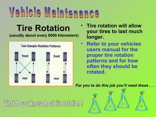 Tire Rotation (usually about every 8000 kilometers) Tire rotation will allow your tires to last much longer. Refer to your vehicles users manual for the proper tire rotation patterns and for how often they should be rotated. Vehicle Maintenance For you to do this job you’ll need these . . . What do you know about tire rotation ? 