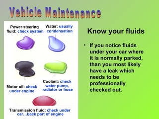 Know your fluids If you notice fluids under your car where it is normally parked, than you most likely have a leak which needs to be professionally checked out. Vehicle Maintenance Motor oil:  check under engine Transmission fluid:  check under car…back part of engine Coolant:  check  water pump,  radiator or hose Power steering fluid:  check system Water:  usually  condensation 
