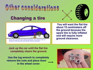 Sometimes the lug nuts are tight and difficult to loosen…  If you can't loosen them, try putting some of your weight on the lug wrench to loosen them  Other considerations Jack up the car until the flat tire   completely clears the ground. Use the lug wrench to completely remove the nuts and place them  in the wheel cover. You will want the flat tire about 15 centimeters off the ground   because the spare tire is fully inflated and will require more ground clearance. Changing a tire 