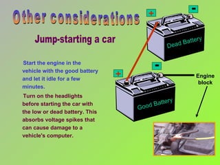 Start the engine in the vehicle with the good battery and let it idle for a few minutes.  Turn on the headlights before starting the car with the low or dead battery. This absorbs voltage spikes that can cause damage to a vehicle's computer.  Other considerations + + - - Good Battery Dead Battery Engine block Jump-starting a car 