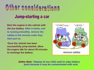 Start the engine in the vehicle with the low battery.  After it starts, and  is running smoothly, remove the cables in the reverse order they  were put on.  Other considerations Safety Note:   Dispose of any cloth used to wipe battery  parts because it may be contaminated with acid. 4 3 2 1 Once the vehicle has been successfully jump-started, allow  the engine idle for about 30 minutes to recharge the battery.  remove cables Jump-starting a car 