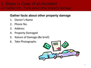 2. Steps in Case of an Accident
2.4 Gather Info: Facts about other property damage
Gather facts about other property damage
1. Owner’s Name
2. Phone No.
3. Address
4. Property Damaged
5. Nature of Damage (Be brief)
6. Take Photographs
11
 
