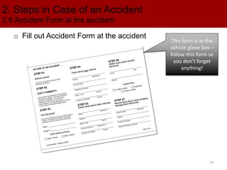 2. Steps in Case of an Accident
2.6 Accident Form at the accident
o Fill out Accident Form at the accident
This form is in the
vehicle glove box –
follow this form so
you don’t forget
anything!
14
 