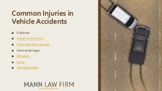 Common Injuries in
Vehicle Accidents
■ Fractures
■ SpinalCord Injuries
■ Traumatic Brain Injuries
■ Internal damage
■ Whip...