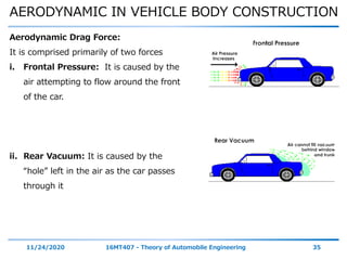 AERODYNAMIC IN VEHICLE BODY CONSTRUCTION
11/24/2020 16MT407 - Theory of Automobile Engineering 35
Aerodynamic Drag Force:
It is comprised primarily of two forces
i. Frontal Pressure: It is caused by the
air attempting to flow around the front
of the car.
ii. Rear Vacuum: It is caused by the
“hole” left in the air as the car passes
through it
 