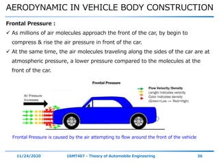 AERODYNAMIC IN VEHICLE BODY CONSTRUCTION
11/24/2020 16MT407 - Theory of Automobile Engineering 36
Frontal Pressure :
 As millions of air molecules approach the front of the car, by begin to
compress & rise the air pressure in front of the car.
 At the same time, the air molecules traveling along the sides of the car are at
atmospheric pressure, a lower pressure compared to the molecules at the
front of the car.
Frontal Pressure is caused by the air attempting to flow around the front of the vehicle
 