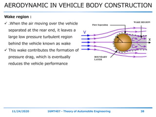 AERODYNAMIC IN VEHICLE BODY CONSTRUCTION
11/24/2020 16MT407 - Theory of Automobile Engineering 38
Wake region :
 .When the air moving over the vehicle is
separated at the rear end, it leaves a
large low pressure turbulent region
behind the vehicle known as wake
 This wake contributes the formation of
pressure drag, which is eventually
reduces the vehicle performance
 