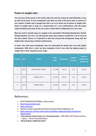 16
Power to weight ratio :
You can have all the power in the world under the hood but unless its used efficiently, it may
as well not be there. A car’s horsepower only tells one side of the story when it comes to a
car’s speed. A better way to gauge how fast a car is to check out its power to weight ratio.
Power to weight ratio is used as a measurement of a car’s performance, with the power
output divided by the mass of the car to give a metric that is independent of a car’s size.
Why the need to include mass (or weight) in the calculation? Revisiting Newtonian’s Kinetic
Energy Equation, Ek=½mv
2
, by reducing the mass, less energy is needed for a car to move at
the same speed. Hence it is important to take into account the horsepower along with the
weight when measuring a vehicle’s performance.
In short, cars with lower horsepower may not necessarily be slower than cars with higher
horsepower. With this in mind, we have compiled a list of cars with the highest power to
weight ratio in their respective price range.
Position Year Model
Price
(RM)
Horsepower
Weight
(Tonne)
Power to
Weight Ratio
(HP/Tonne)
1 2013 SUZUKI SWIFT SPORT 97,788 134.10 1.07 125.33
2 2015 HONDA HR-V S 95,729 140.81 1.24 113.65
3 2014 HONDA JAZZ S 69,566 118.01 1.07 110.60
References :
 ECE/TRANS/WP.29/78/Rev.4 (Document)
 http://innosonmotors.com
 www.unece.org
 http//ec.europa.eu/growth/sectors/automotive/vehicle-categories_en
 https://www.gov.uk/ride-motorcycle-moped/bike-categories-ages-and-licence-
requirements
 International Organization for Standardization. "ISO 3833:1977 Road vehicles
– Types – Terms and definitions
 "General Motors 2009 Data Book"
 