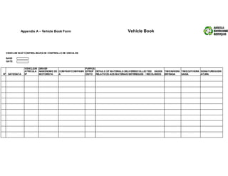 Appendix A – Vehicle Book Form Vehicle Book
VEHICLES´MAP CONTROL/MAPA DE CONTROLLO DE VEÍCULOS
BASE
GATE
Nº DATE/DATA
VEHICLE/M
ATRICULA
Nº
DRIVER
NAME/NOME DO
MOTORISTA
COMPANY/COMPANHI
A
PURPOS
E/PROP
ÓSITO
DETAILS OF MATERIALS DELIVERED/COLLECTED/ DADOS
RELATIVOS AOS MATERIAIS ENTRREGUES / RECOLHIDOS
TIMEIN/HORA
ENTRADA
TIMEOUT/HORA
SAIDA
SIGNATURE/ASSIN
ATURA
 