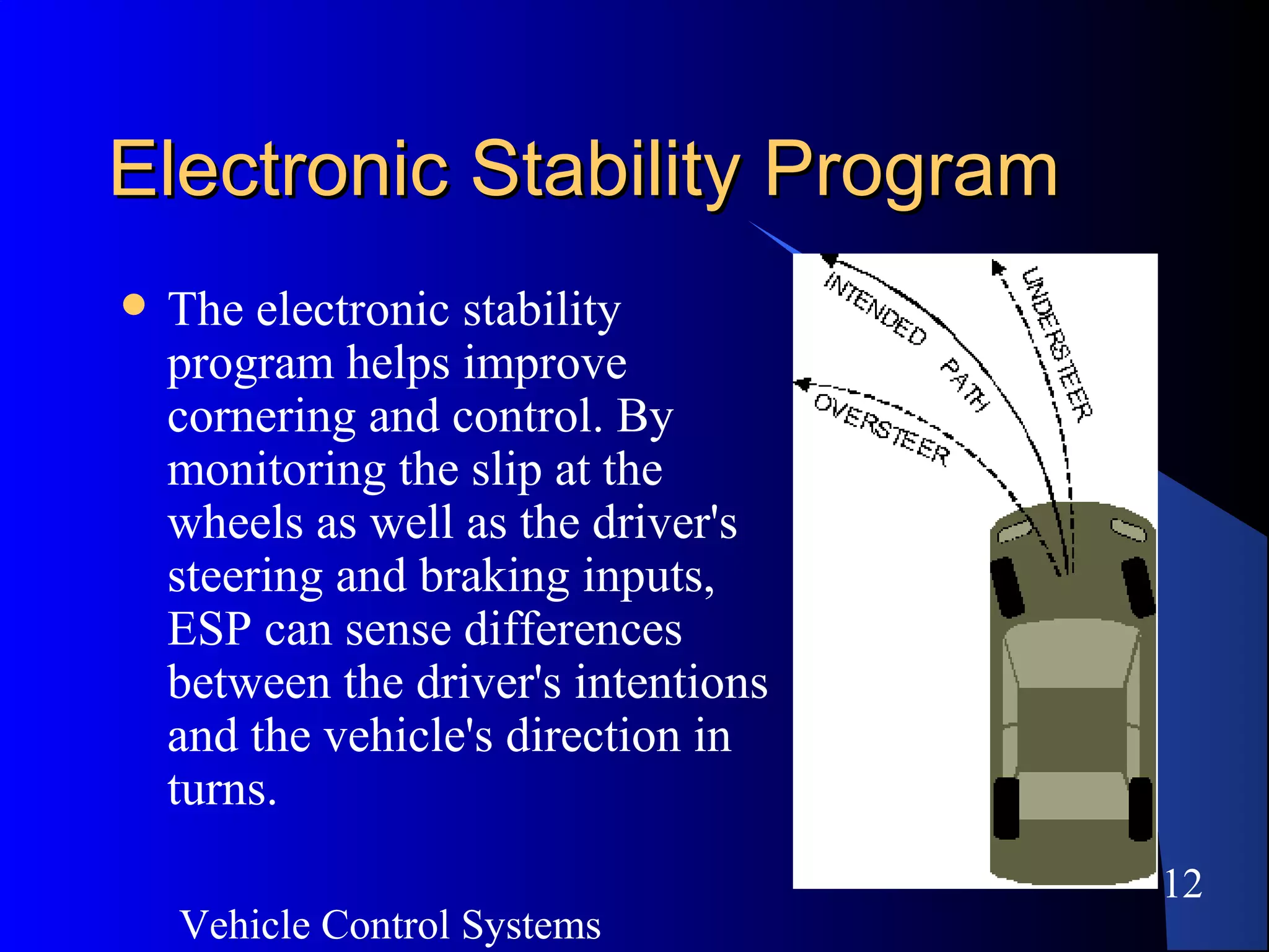 Vehicle Control Systems
12
Electronic Stability ProgramElectronic Stability Program
 The electronic stability
program helps improve
cornering and control. By
monitoring the slip at the
wheels as well as the driver's
steering and braking inputs,
ESP can sense differences
between the driver's intentions
and the vehicle's direction in
turns.
 