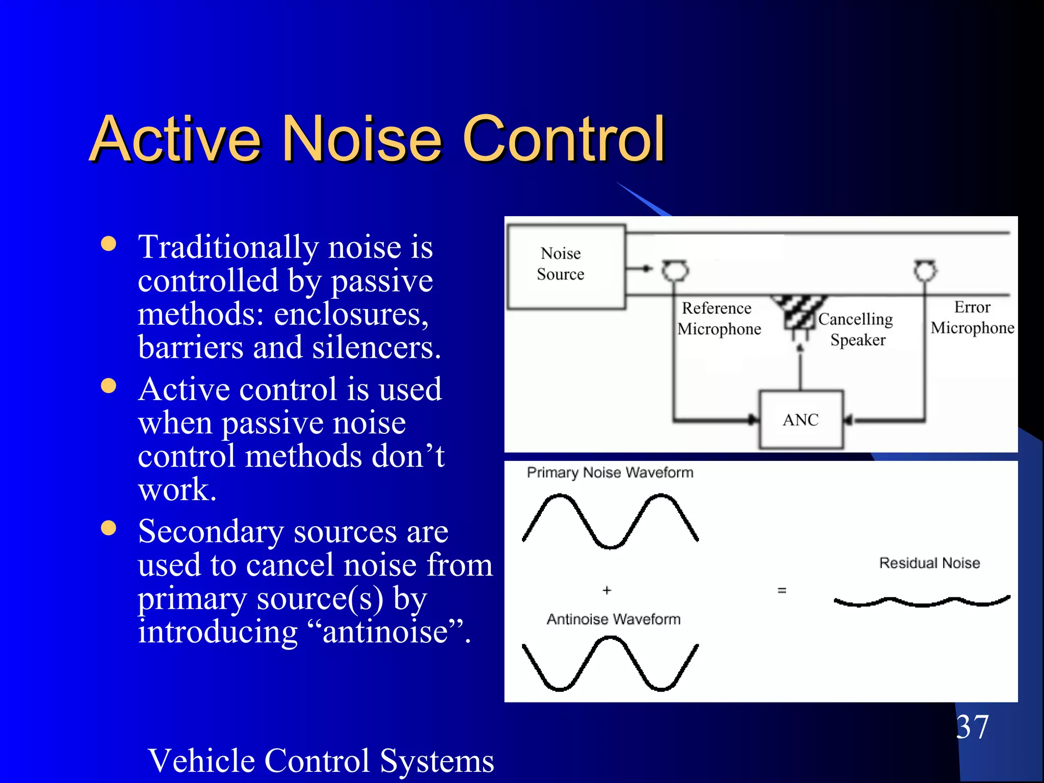 Vehicle Control Systems
37
Active Noise ControlActive Noise Control
 Traditionally noise is
controlled by passive
methods: enclosures,
barriers and silencers.
 Active control is used
when passive noise
control methods don’t
work.
 Secondary sources are
used to cancel noise from
primary source(s) by
introducing “antinoise”.
 
