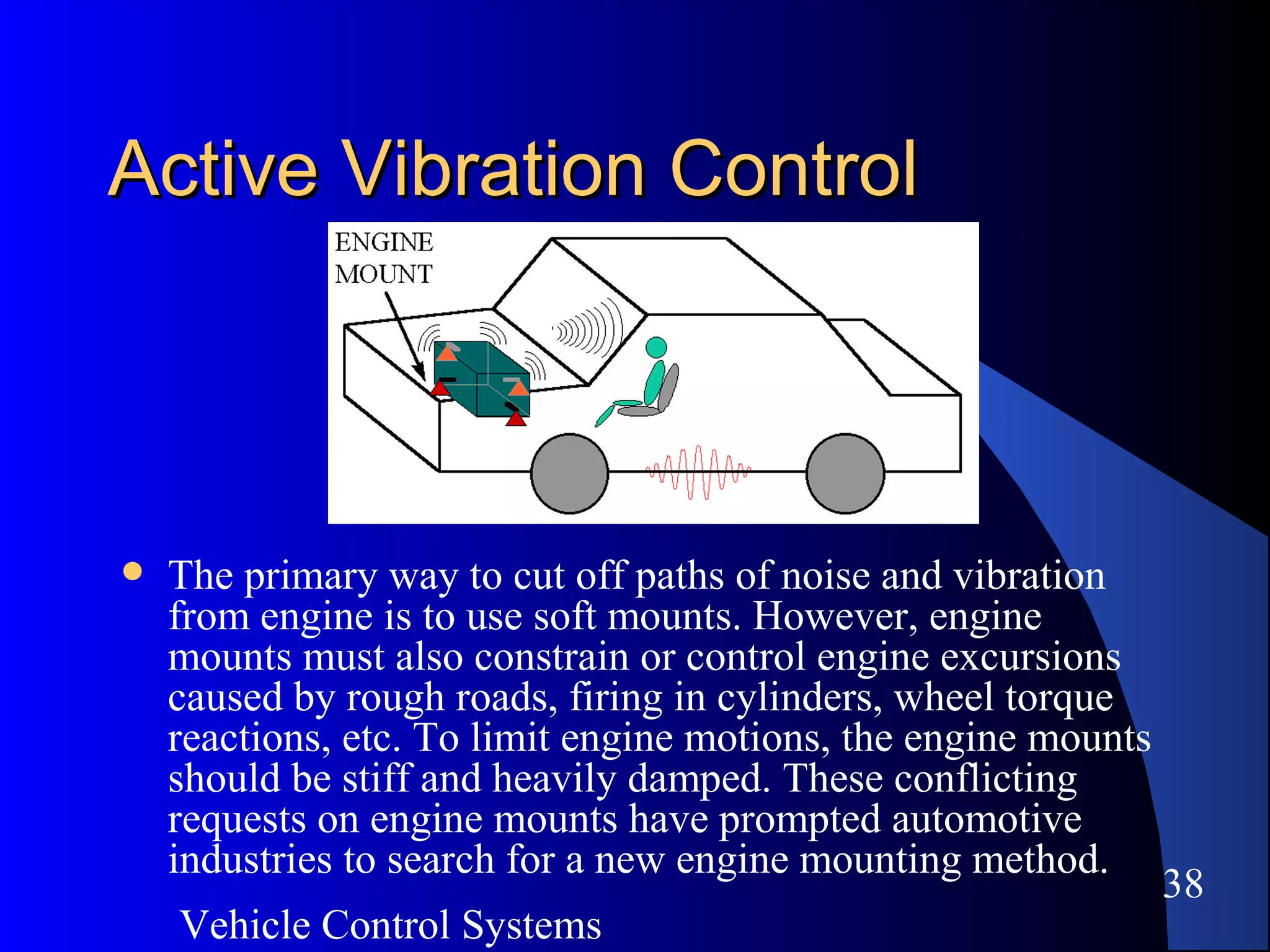 Vehicle Control Systems
38
Active Vibration ControlActive Vibration Control
 The primary way to cut off paths of noise and vibration
from engine is to use soft mounts. However, engine
mounts must also constrain or control engine excursions
caused by rough roads, firing in cylinders, wheel torque
reactions, etc. To limit engine motions, the engine mounts
should be stiff and heavily damped. These conflicting
requests on engine mounts have prompted automotive
industries to search for a new engine mounting method.
 