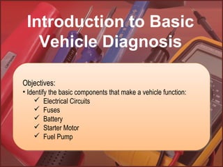 Objectives:
• Identify the basic components that make a vehicle function:
 Electrical Circuits
 Fuses
 Battery
 Starter Motor
 Fuel Pump
Introduction to Basic
Vehicle Diagnosis
 