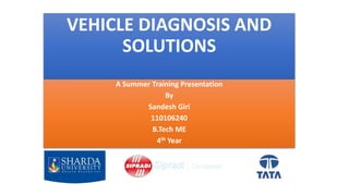 VEHICLE DIAGNOSIS AND 
SOLUTIONS 
A Summer Training Presentation 
By 
Sandesh Giri 
110106240 
B.Tech ME 
4th Year 
 