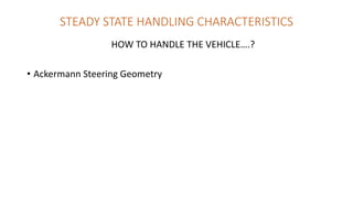 STEADY STATE HANDLING CHARACTERISTICS
HOW TO HANDLE THE VEHICLE….?
• Ackermann Steering Geometry
 