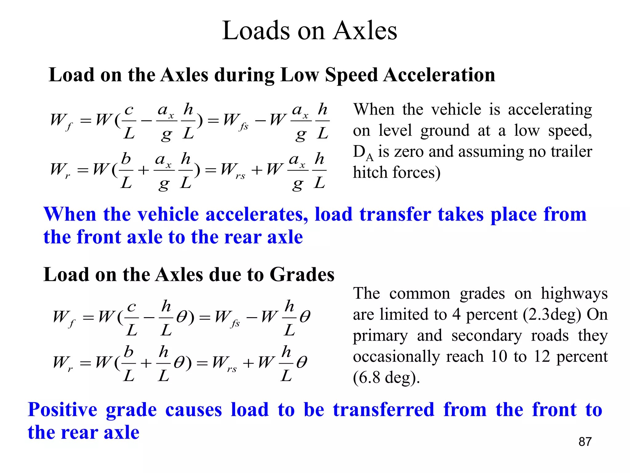 87
Loads on Axles
Load on the Axles during Low Speed Acceleration
When the vehicle is accelerating
on level ground at a low speed,
DA is zero and assuming no trailer
hitch forces)
When the vehicle accelerates, load transfer takes place from
the front axle to the rear axle
Load on the Axles due to Grades
Positive grade causes load to be transferred from the front to
the rear axle
The common grades on highways
are limited to 4 percent (2.3deg) On
primary and secondary roads they
occasionally reach 10 to 12 percent
(6.8 deg).
L
h
g
a
WW
L
h
g
a
L
b
WW
L
h
g
a
WW
L
h
g
a
L
c
WW
x
rs
x
r
x
fs
x
f


)(
)(


L
h
WW
L
h
L
b
WW
L
h
WW
L
h
L
c
WW
rsr
fsf


)(
)(
 