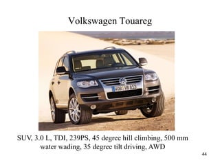 44
Volkswagen Touareg
SUV, 3.0 L, TDI, 239PS, 45 degree hill climbing, 500 mm
water wading, 35 degree tilt driving, AWD
 