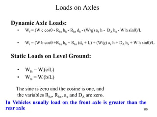 86
Loads on Axles
Dynamic Axle Loads:
• Wf = (W c cos - Rhx hh - Rhz dh - (W/g) ax h - DA ha - W h sin)/L
• Wr = (W b cos +Rhx hh + Rhz (dh + L) + (W/g) ax h + DA ha + W h sin)/L
Static Loads on Level Ground:
• Wfs = W.(c/L)
• Wrs = W.(b/L)
The sine is zero and the cosine is one, and
the variables Rhz, Rhx, ax and DA are zero.
In Vehicles usually load on the front axle is greater than the
rear axle
 
