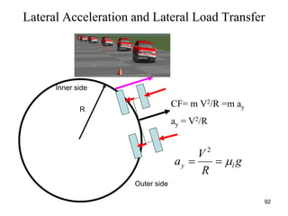 92
Lateral Acceleration and Lateral Load Transfer
CF= m V2/R =m ay
ay = V2/R
g
R
V
a ly 
2
Outer side
R
Inner side
 