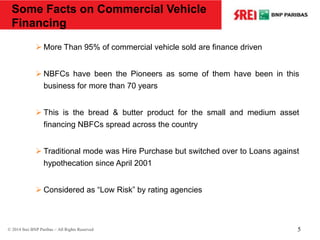 Some Facts on Commercial Vehicle
Financing
 More Than 95% of commercial vehicle sold are finance driven
 NBFCs have been the Pioneers as some of them have been in this
business for more than 70 years
 This is the bread & butter product for the small and medium asset
financing NBFCs spread across the country
 Traditional mode was Hire Purchase but switched over to Loans against
hypothecation since April 2001
 Considered as “Low Risk” by rating agencies
© 2014 Srei BNP Paribas – All Rights Reserved 5
 