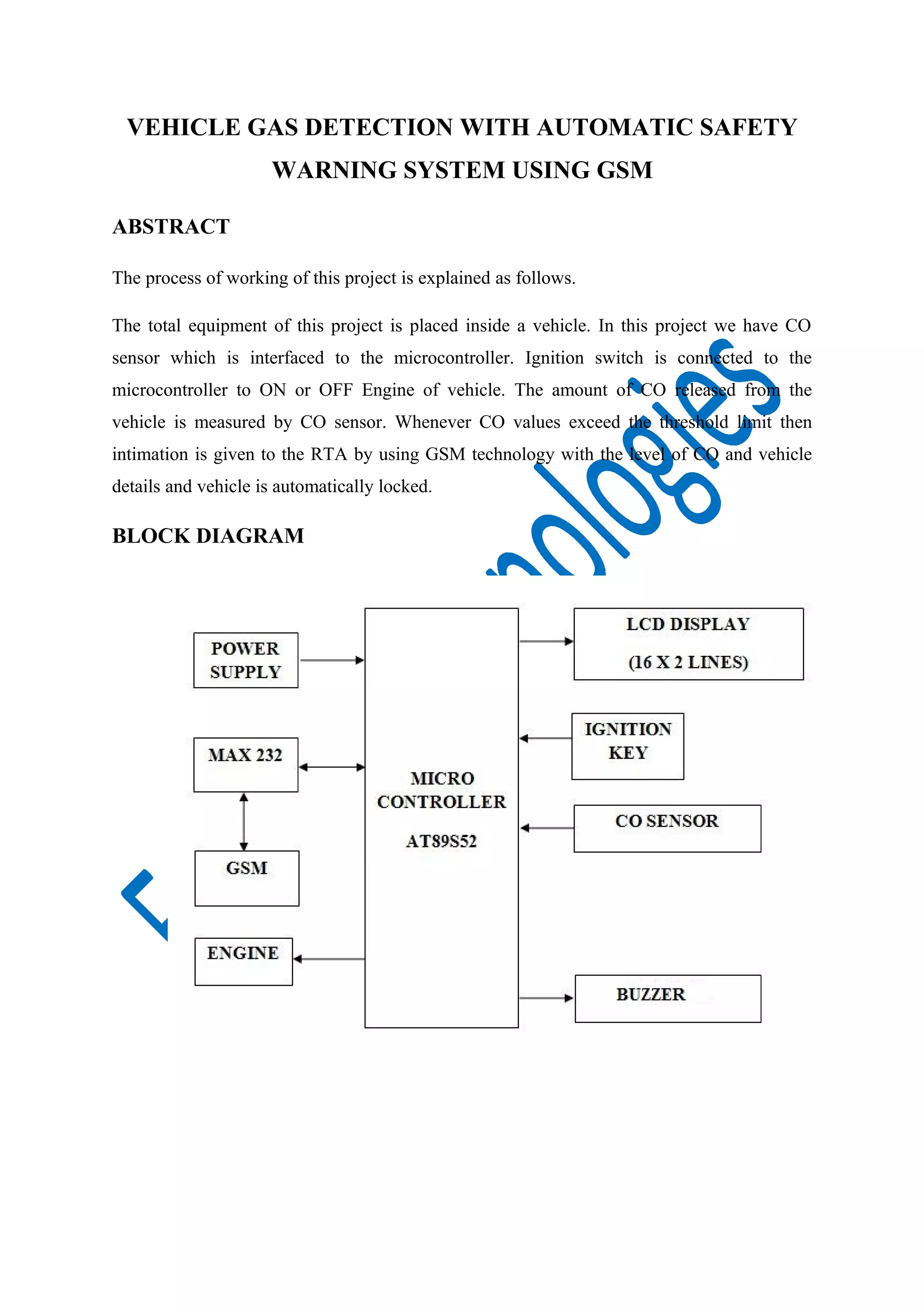 Vehicle gas detection with automatic safety warning system using gsm PDF