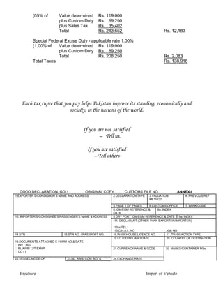 Brochure – Import of Vehicle
(05% of Value determined Rs. 119,000
plus Custom Duty Rs. 89,250
plus Sales Tax Rs. 35,402
Total Rs. 243,652 Rs. 12,183
Special Federal Excise Duty - applicable rate 1.00%
(1.00% of Value determined Rs. 119,000
plus Custom Duty Rs. 89,250
Total Rs. 208,250 Rs. 2,083
Total Taxes Rs. 138,918
Each tax rupee that you pay helps Pakistan improve its standing, economically and
socially, in the nations of the world.
If you are not satisfied
– Tell us.
If you are satisfied
– Tell others
GOOD DECLARATION. GD-1 ORIGINAL COPY CUSTOMS FILE NO. ANNEX-I
1.EXPORTER‟S/CONSIGNOR‟S NAME AND ADDRESS 2.DECLARATION TYPE 3.VALUATION
METHOD
4. PREVOUS REF
5.PAGE 1 OF PAGES 6.CUSTOMS OFFICE 7. BANK CODE
8.IGM/EGM REFERENCE &
DATE
8a. INDEX
10. IMPORTER‟S/CONSIGNEE‟S/PASSENGER‟S NAME & ADDRESS 9.DRY PORT IGM/EGM REFERENCE & DATE 9a. INDEX
11. DECLARANT (OTHER THAN EXPORTER/IMPORTER)
12(a)TEL:
13.C.H.A.L. NO JOB NO
14.NTN 15.STR NO. / PASSPORT NO. 16.WAREHOUSE LICENCE NO. 17. TRANSACTION TYPE
18.DOCUMENTS ATTACHED E-FORM NO.& DATE
�INV [ ]B/G
�BL/AWB/ [ ]IT EXMP
�CO [ ]
19.LC / DD NO. AND DATE 20. COUNTRY OF DESTINATION
21.CURRENCY NAME & CODE 30. MARKS/CONTAINER NOs.
22.VESSEL/MODE OF 23.BL, AWB, CON- NO. & 24.EXCHANGE RATE
 