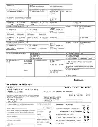 Brochure – Import of Vehicle
TRANSPORT DATE
25.PORT OF SHIPMENT 26.PAYMENT TERMS
27.PORT OF DISCHARGE 28. PLACE OF DELIVERY 29.DELIVERY TERMS
31.NUMBER OF PACKAGES 32.TYPE OF PACKAGES 33 (a)GROSS
WT (KG)
(b) NET WT
(KG)
34.VOLUME M3
35.GENERAL DESCRIPTION OF GOODS
36. IN THE CASE OF DANGEROUS GOODS, INDICATE HAZARD CLASS/DIV; FLASHPOINT (IN C
0
)
37.ITEM NO.
01
38. QUANTITY
(a) Unit type
38(b) No of
units
39. CO CODE 40.SRO NO. 41. HS CODE
42.ITEM DESCRIPTION OF GOODS 46.LEVY 47.RATE 48. SUM PAYABLE
(PKR)42(a.)
43. UNIT VALUE 44. TOTAL VALUE 45.CUSTOMS VALUES
(PKR)
DECLARED ASSESSED DECLARED ASSESSED
DECLARED ASSESSED
37.ITEM NO.
02
38. QUANTITY
(a) Unit type
38(b) No of units 39. CO CODE 40.SRO NO. 41. HS CODE
42.ITEM DESCRIPTION OF GOODS 46.LEVY 47.RATE 48. SUM PAYABLE
(PKR)42(a.)
43. UNIT VALUE 44. TOTAL VALUE 45.CUSTOMS VALUES
(PKR)
DECLARED ASSESSED DECLARED ASSESSED DECLARED ASSESSED
49.SRO/TEST REPORT NO & DT 50. FOB VALUE 54. LANDING CHARGES @%
51. FREIGHT 55. OTHER CHARGES
52. CFR VALUE 56. ASSESSED VALUE
53. INSURANCE % 57. TOTAL REBATE CLAIM/ASSMNT U/S 81
58. MACHINE NO. &
DATE
59. REVENUE
RECOVERED
CODE | LEVY
TOTAL:
60.AMOUNT (PKR) 61. A.O‟S SIG. &
STAMP
62. P.A. SIG. & STAMP
63. OUT OF CHARGE
SIG. & STAMP
64. I/We declare that the above particulars are
true & correct
DECLARANT‟S NAME & DESIGNATION SIG &
DATE
65. C/F/D NO. & DATE
66. BANK STAMP
Continued.
GOODS DECLARATION. GD-I
INQUIRY
ADVICE/AMENDMENT /REJECTION
(WITH GROUNDS)
REGISTRATION BY CUSTOMS SHED STAFF
A) DATE OF RECEIPT
B) TIME OF RECEIPT
C) REGN. NO
FOR BOND SECTION’S USE
REGISTRATION BY PORT AUTHORITIES
BOOK & PAGE NO DATE
WHARFAGE CHARGES ______________ _____
STORAGE CHARGES ______________ _____
GATE PASS ______________ _____
EXAMINATION REPORT BY CUSTOMS SHED STAFF
A) LOCATION----------------------------------
B) INSPECTED THE WHOLE COMPRISING --------CASES
C) EXAMINED ----------% SELECTED CAES BEARING
NOS---------------------------------------------------------------------
D) CONTAINER NOS
---------------------------------------------------------------------------
E) MARKS AND NUMBERS
---------------------------------------------------------------------------
F) IGM/EGM ----------------------------------------------------------
INDEX------------------------------------------------------------------
PHYSICAL EXAMINATION
DISCREPANCIES
SPECIFICATION
QUANTITY
ORIGIN
PCT HEADING
WEIGHT (GROSS/NET)
DATE OF MFG/EXPIRY-------
OTHERS
OBJECTIVE VERIFICATION
YES NO
DECLARATIONS AS PER PACKING LIST
HAS THE VALUE BEEN APPRAISED
IF YES, MENTION THE VALUE________________________
IS SAMPLE FORWARDED TO GROUP/LAB
ANY ADDITIOANL EXAM REPORT SHEET
(ATTACHED)
 