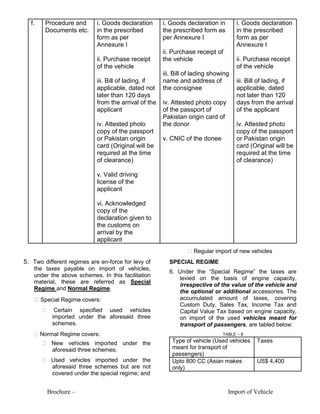 Brochure – Import of Vehicle
f. Procedure and
Documents etc.
i. Goods declaration
in the prescribed
form as per
Annexure I
ii. Purchase receipt
of the vehicle
iii. Bill of lading, if
applicable, dated not
later than 120 days
from the arrival of the
applicant
iv. Attested photo
copy of the passport
or Pakistan origin
card (Original will be
required at the time
of clearance)
v. Valid driving
license of the
applicant
vi. Acknowledged
copy of the
declaration given to
the customs on
arrival by the
applicant
i. Goods declaration in
the prescribed form as
per Annexure I
ii. Purchase receipt of
the vehicle
iii. Bill of lading showing
name and address of
the consignee
iv. Attested photo copy
of the passport of
Pakistan origin card of
the donor
v. CNIC of the donee
i. Goods declaration
in the prescribed
form as per
Annexure I
ii. Purchase receipt
of the vehicle
iii. Bill of lading, if
applicable, dated
not later than 120
days from the arrival
of the applicant
iv. Attested photo
copy of the passport
or Pakistan origin
card (Original will be
required at the time
of clearance)
5. Two different regimes are en-force for levy of
the taxes payable on import of vehicles,
under the above schemes. In this facilitation
material, these are referred as Special
Regime and Normal Regime.
�Special Regime covers:
� Certain specified used vehicles
imported under the aforesaid three
schemes.
�Normal Regime covers:
� New vehicles imported under the
aforesaid three schemes;
� Used vehicles imported under the
aforesaid three schemes but are not
covered under the special regime; and
�Regular import of new vehicles
SPECIAL REGIME
6. Under the “Special Regime” the taxes are
levied on the basis of engine capacity,
irrespective of the value of the vehicle and
the optional or additional accessories. The
accumulated amount of taxes, covering
Custom Duty, Sales Tax, Income Tax and
Capital Value Tax based on engine capacity,
on import of the used vehicles meant for
transport of passengers, are tabled below:
TABLE – II
Type of vehicle (Used vehicles
meant for transport of
passengers)
Taxes
Upto 800 CC (Asian makes
only)
US$ 4,400
 