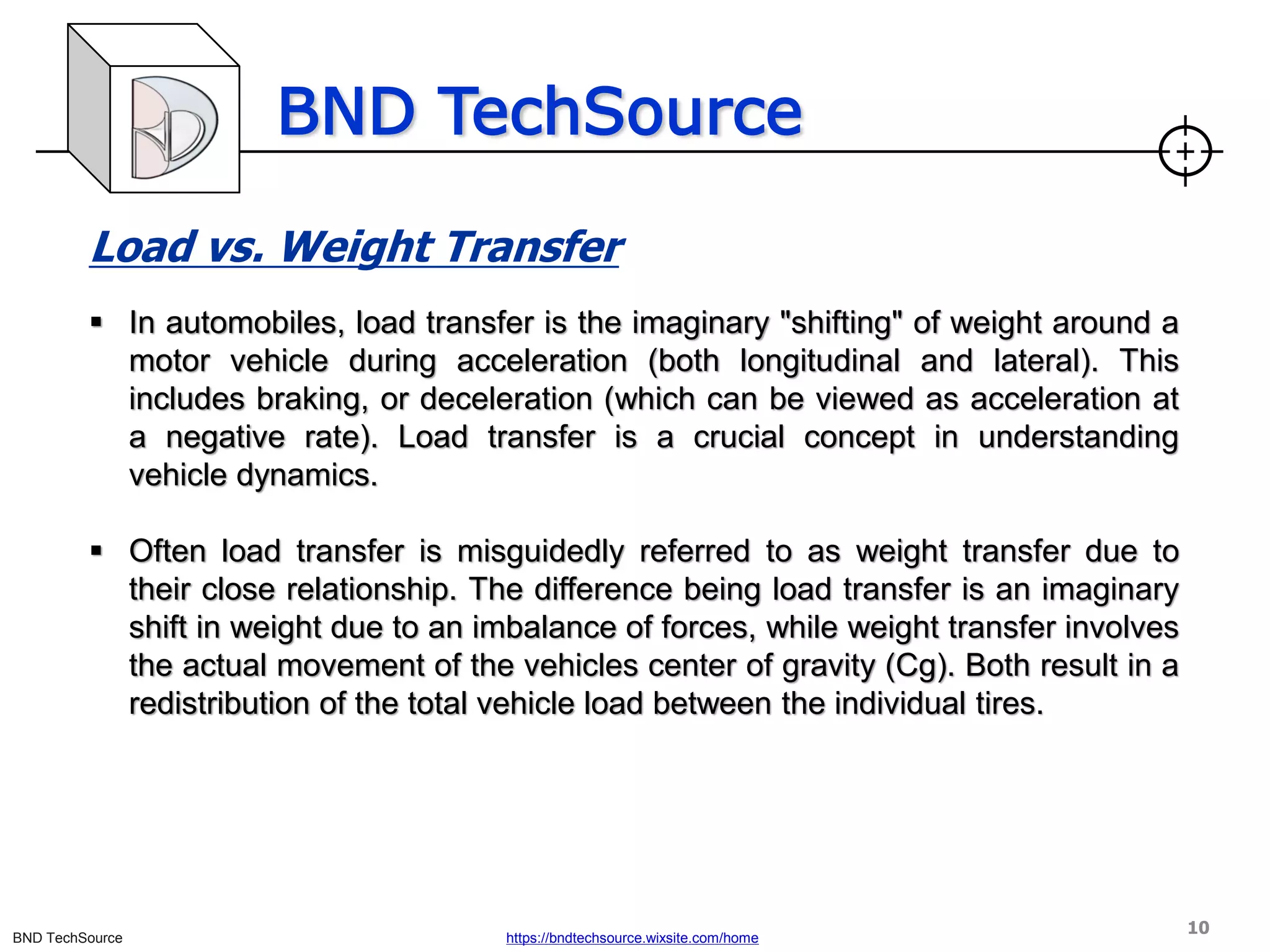 BND TechSource
BND TechSource https://bndtechsource.wixsite.com/home
Load vs. Weight Transfer
▪ In automobiles, load transfer is the imaginary "shifting" of weight around a
motor vehicle during acceleration (both longitudinal and lateral). This
includes braking, or deceleration (which can be viewed as acceleration at
a negative rate). Load transfer is a crucial concept in understanding
vehicle dynamics.
▪ Often load transfer is misguidedly referred to as weight transfer due to
their close relationship. The difference being load transfer is an imaginary
shift in weight due to an imbalance of forces, while weight transfer involves
the actual movement of the vehicles center of gravity (Cg). Both result in a
redistribution of the total vehicle load between the individual tires.
10
 