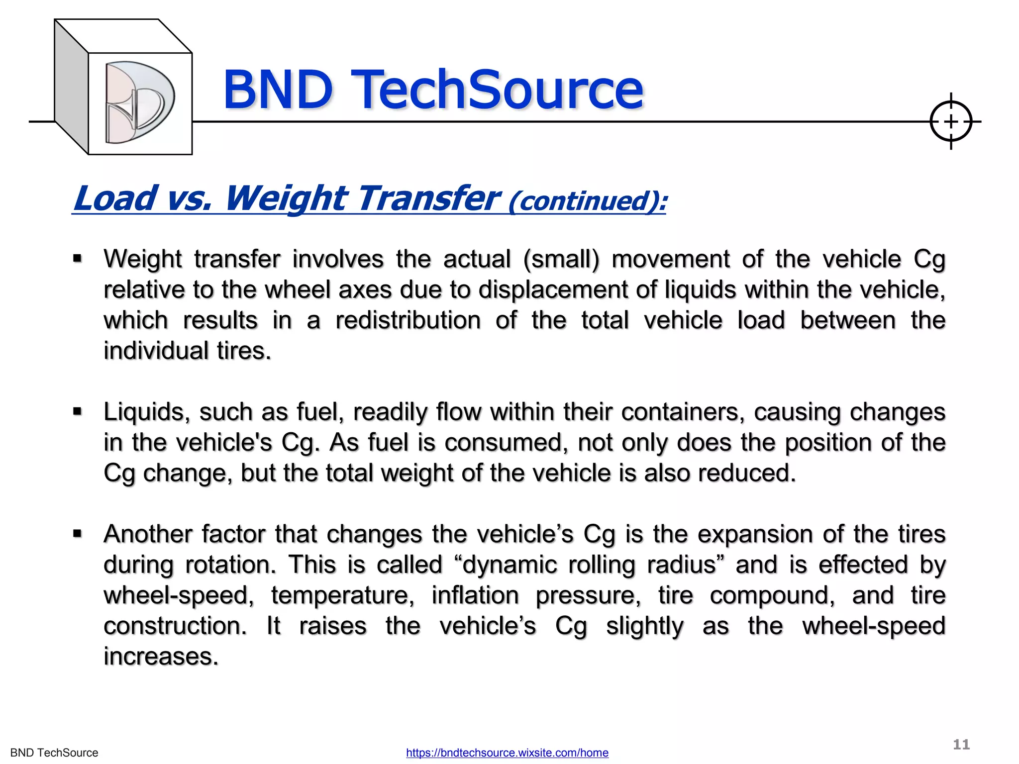 BND TechSource
BND TechSource https://bndtechsource.wixsite.com/home
Load vs. Weight Transfer (continued):
▪ Weight transfer involves the actual (small) movement of the vehicle Cg
relative to the wheel axes due to displacement of liquids within the vehicle,
which results in a redistribution of the total vehicle load between the
individual tires.
▪ Liquids, such as fuel, readily flow within their containers, causing changes
in the vehicle's Cg. As fuel is consumed, not only does the position of the
Cg change, but the total weight of the vehicle is also reduced.
▪ Another factor that changes the vehicle’s Cg is the expansion of the tires
during rotation. This is called “dynamic rolling radius” and is effected by
wheel-speed, temperature, inflation pressure, tire compound, and tire
construction. It raises the vehicle’s Cg slightly as the wheel-speed
increases.
11
 
