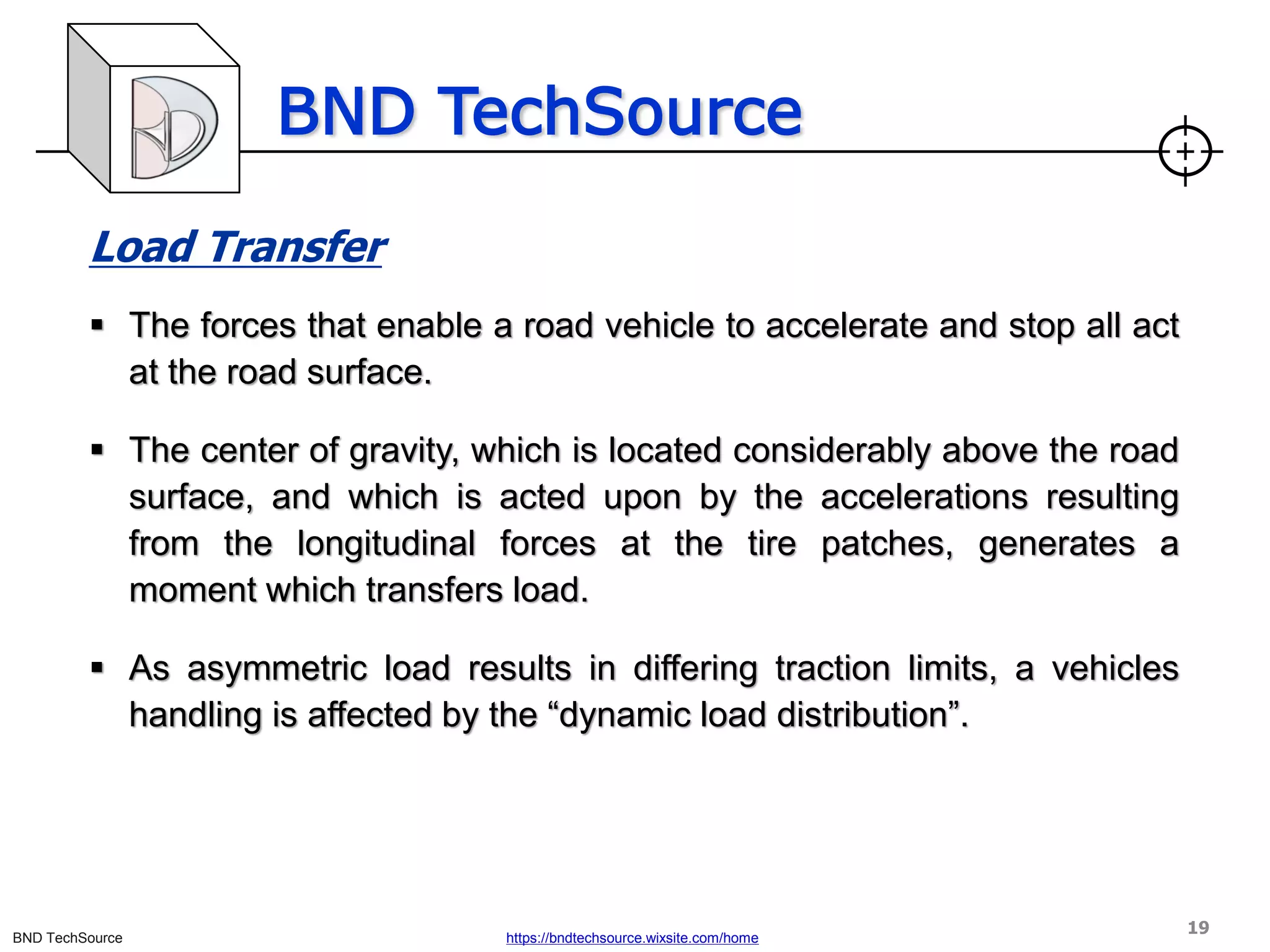 BND TechSource
BND TechSource https://bndtechsource.wixsite.com/home
Load Transfer
▪ The forces that enable a road vehicle to accelerate and stop all act
at the road surface.
▪ The center of gravity, which is located considerably above the road
surface, and which is acted upon by the accelerations resulting
from the longitudinal forces at the tire patches, generates a
moment which transfers load.
▪ As asymmetric load results in differing traction limits, a vehicles
handling is affected by the “dynamic load distribution”.
19
 