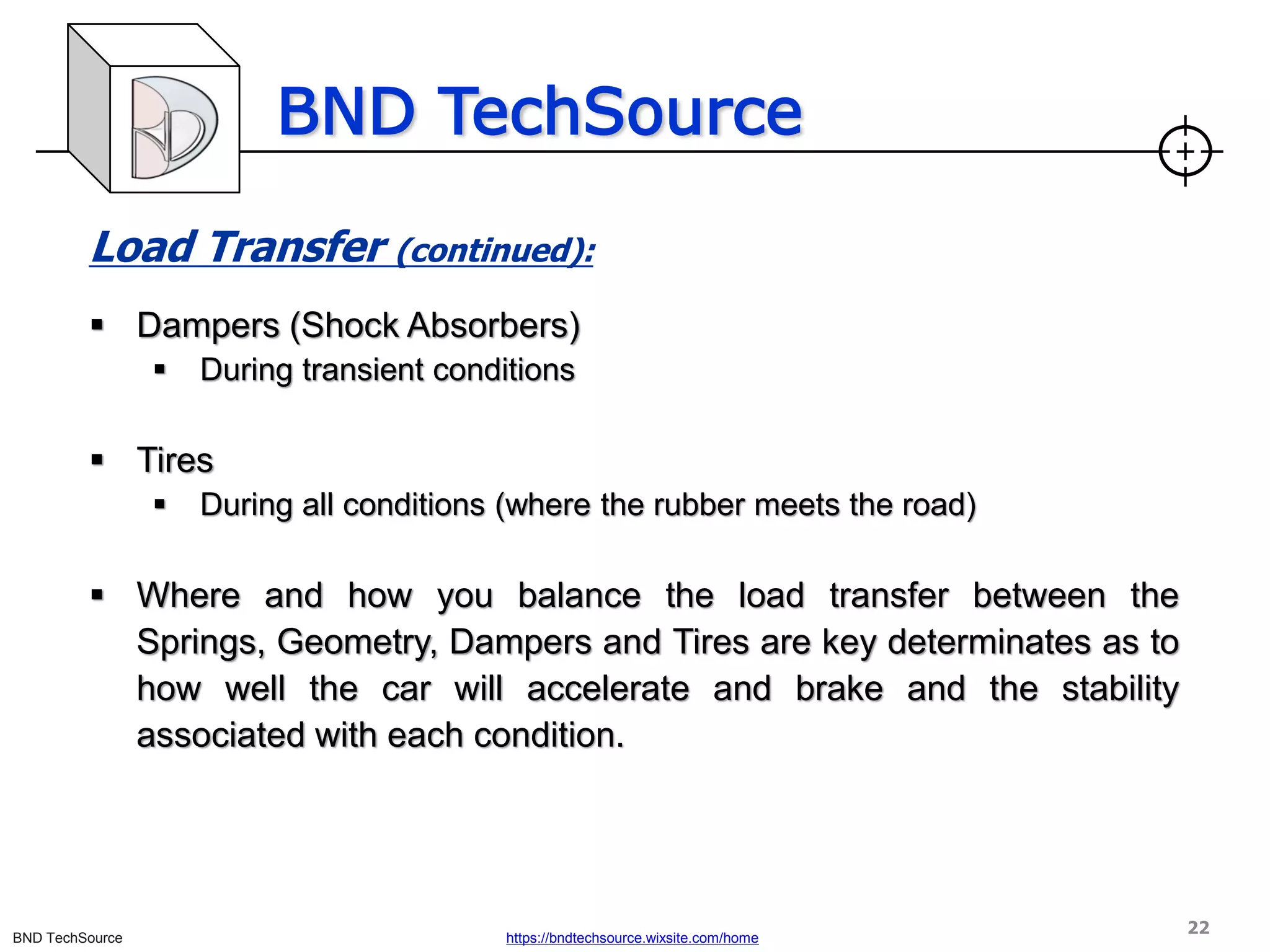 BND TechSource
BND TechSource https://bndtechsource.wixsite.com/home
Load Transfer (continued):
▪ Dampers (Shock Absorbers)
▪ During transient conditions
▪ Tires
▪ During all conditions (where the rubber meets the road)
▪ Where and how you balance the load transfer between the
Springs, Geometry, Dampers and Tires are key determinates as to
how well the car will accelerate and brake and the stability
associated with each condition.
22
 