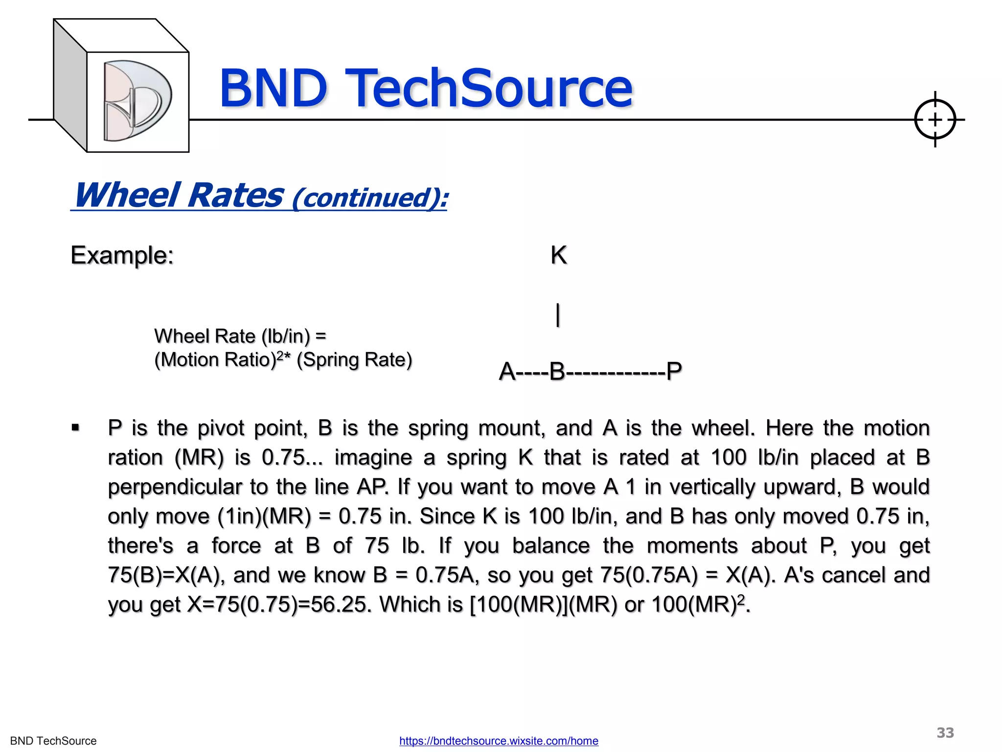 BND TechSource
BND TechSource https://bndtechsource.wixsite.com/home
Wheel Rates (continued):
Example: K
|
A----B------------P
▪ P is the pivot point, B is the spring mount, and A is the wheel. Here the motion
ration (MR) is 0.75... imagine a spring K that is rated at 100 lb/in placed at B
perpendicular to the line AP. If you want to move A 1 in vertically upward, B would
only move (1in)(MR) = 0.75 in. Since K is 100 lb/in, and B has only moved 0.75 in,
there's a force at B of 75 lb. If you balance the moments about P, you get
75(B)=X(A), and we know B = 0.75A, so you get 75(0.75A) = X(A). A's cancel and
you get X=75(0.75)=56.25. Which is [100(MR)](MR) or 100(MR)2.
Wheel Rate (lb/in) =
(Motion Ratio)2* (Spring Rate)
33
 