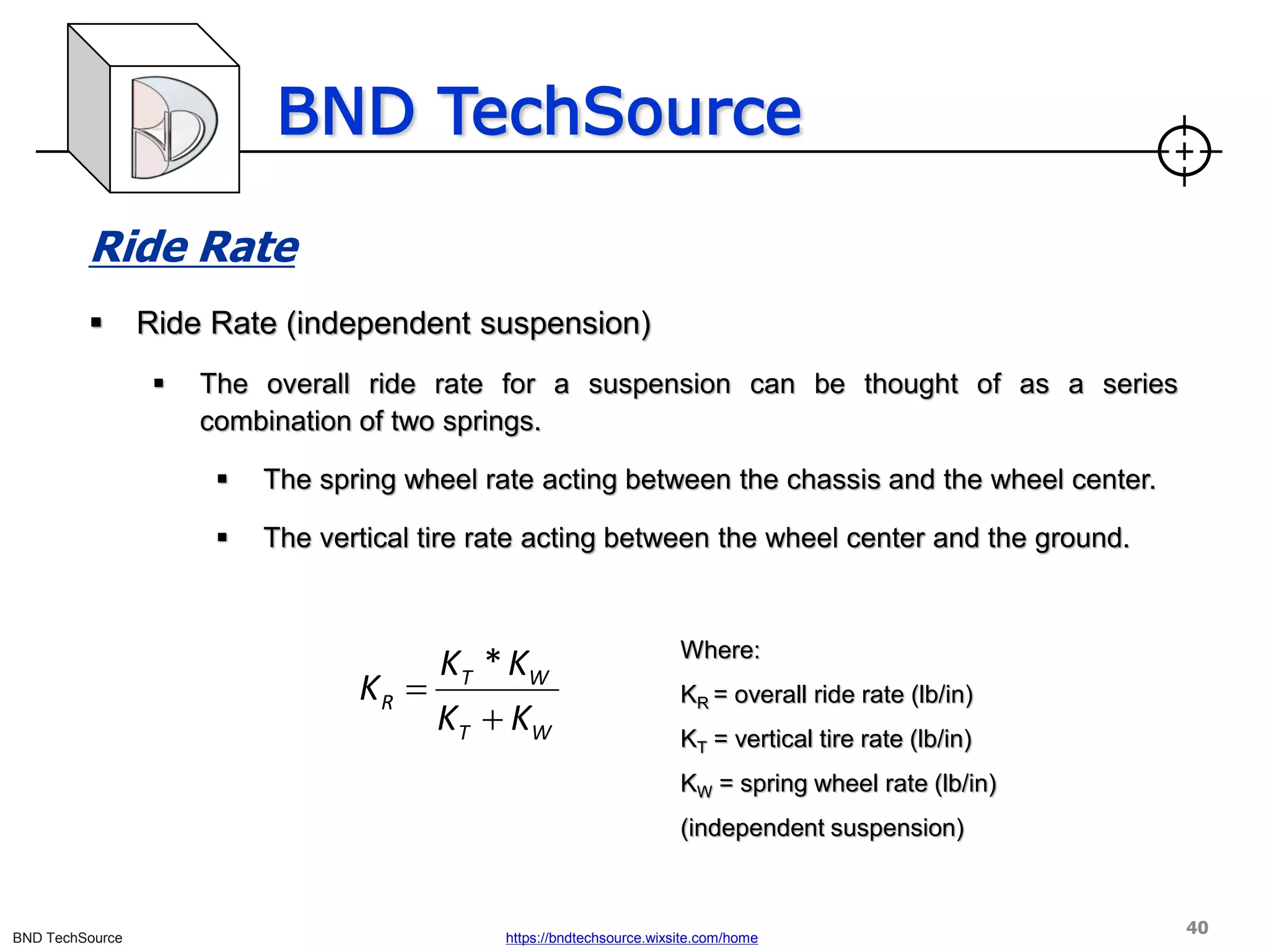 BND TechSource
BND TechSource https://bndtechsource.wixsite.com/home
Ride Rate
▪ Ride Rate (independent suspension)
▪ The overall ride rate for a suspension can be thought of as a series
combination of two springs.
▪ The spring wheel rate acting between the chassis and the wheel center.
▪ The vertical tire rate acting between the wheel center and the ground.
Where:
KR = overall ride rate (lb/in)
KT = vertical tire rate (lb/in)
KW = spring wheel rate (lb/in)
(independent suspension)
W
T
W
T
R
K
K
K
K
K
+
=
*
40
 